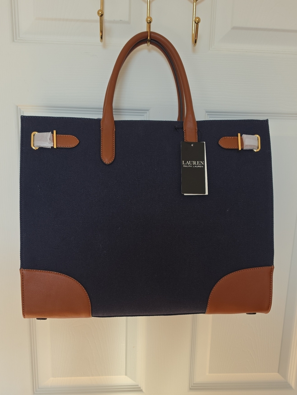 Lauren Ralph Lauren Navy Canvas Tote with Brown Leather Trim & Handles